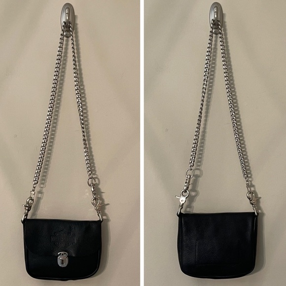 Harley Davison Black Leather Crossbody Bag with Silvertone Chain - Picture 4 of 17